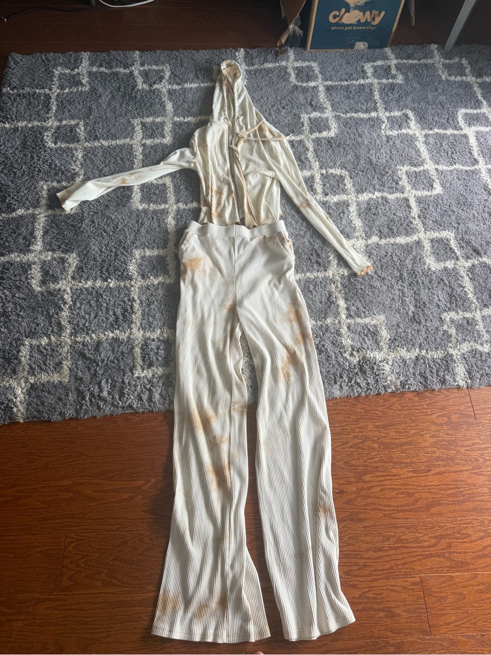 Cream Wide-Leg Ribbed Jumpsuit Set with Hood